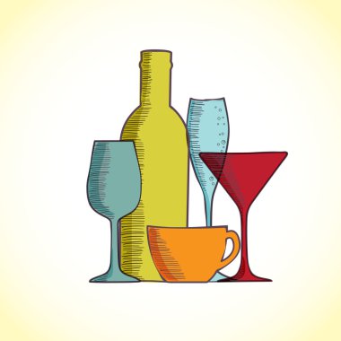 şarap şişeleri ve gözlük çizilmiş çizimi