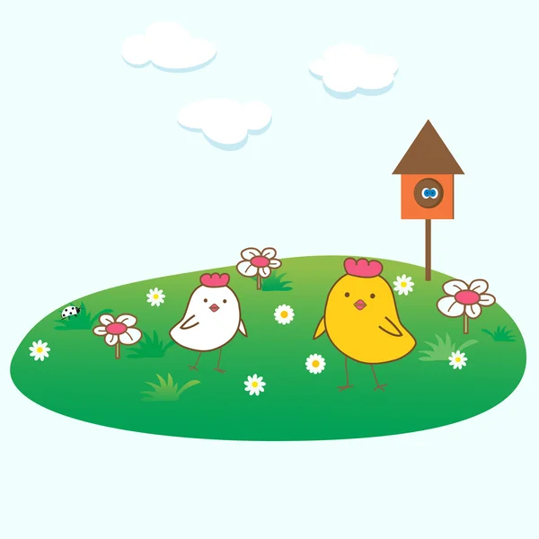Cartão de Páscoa com duas galinhas na grama verde . — Fotografia de Stock