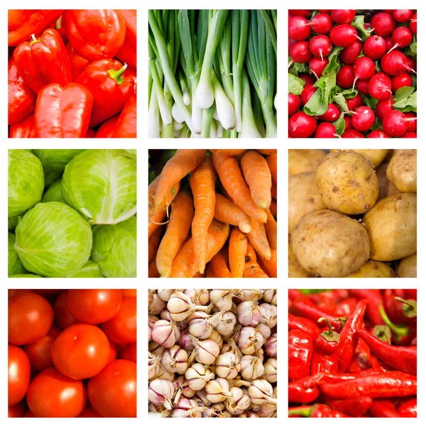 Коллаж из девяти свежих овощей, лежащих на окне — стоковое фото