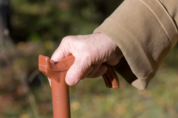 Old woman hand leans on walking stick — Stock Photo, Image