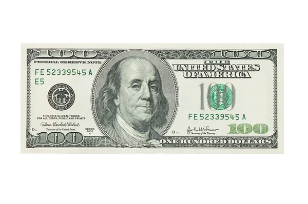 Száz dollár bankjegy, elszigetelt fehér — Stock Fotó