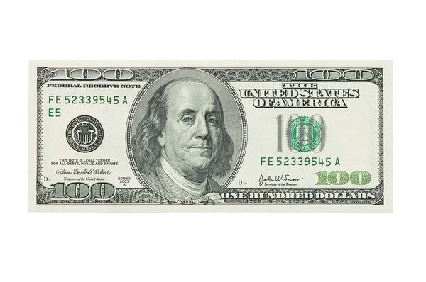 Банкнота на сто долларов, изолированная на белом
