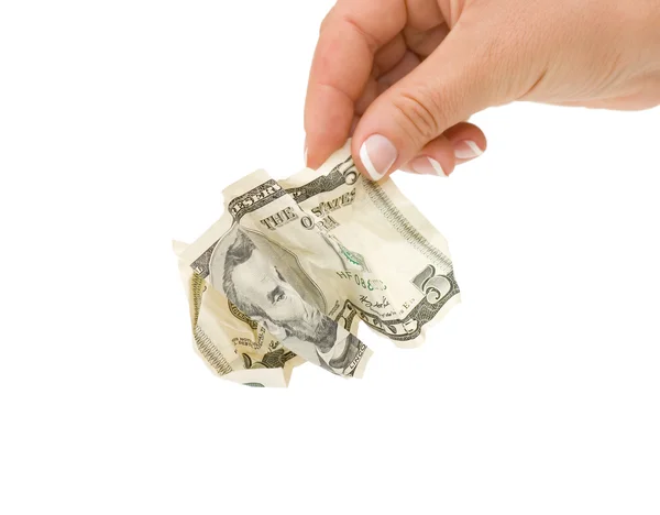 Woman throws the crumpled banknote of dollar — Stock Photo, Image