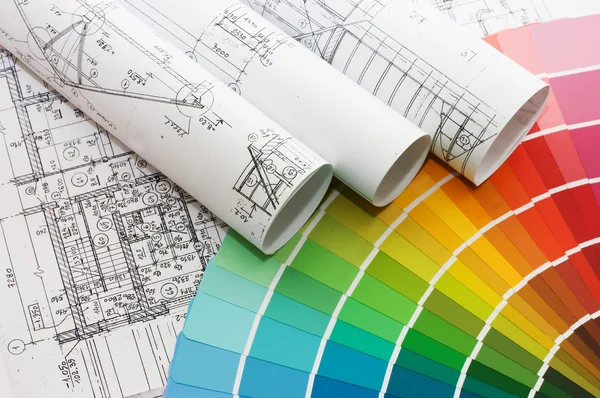 Vzorky barev pro výběr domu plán na pozadí — Stock fotografie