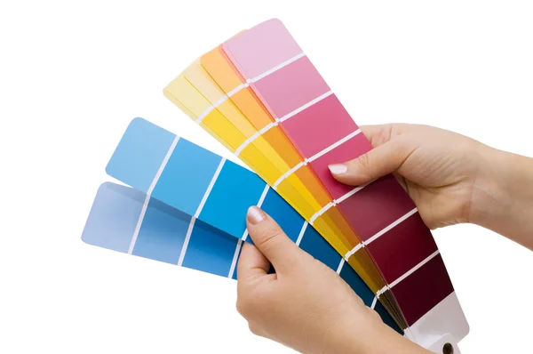 Woman hand pointing to a sample color chart — Stok fotoğraf