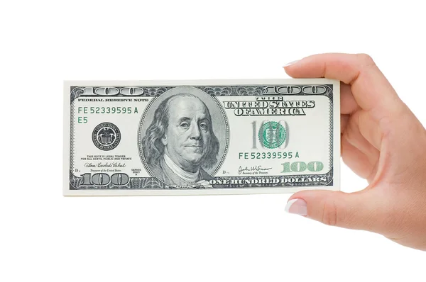 Main avec billets en dollars isolés sur blanc — Photo