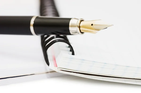 Фонтанная ручка и блокнот со спиралью — стоковое фото