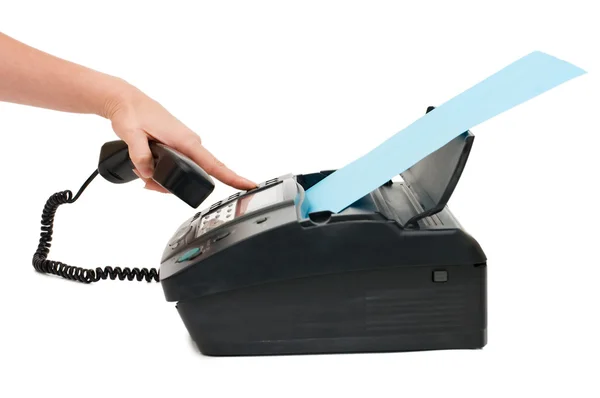 La mano presiona el botón de fax — Foto de Stock