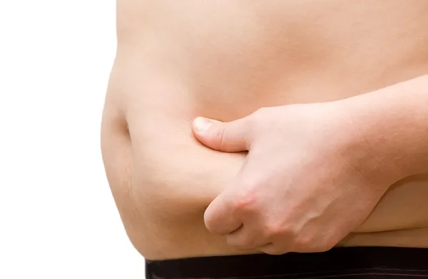 Gyomrában egy kövér ember, elszigetelt fehér — Stock Fotó