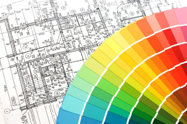 Échantillons de couleur pour la sélection avec plan de maison sur fond — Photo