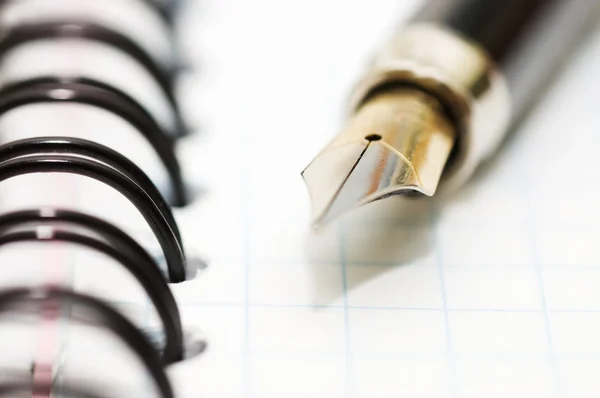 Dolma kalem ve boş spiral not defteri bağlı — Stok fotoğraf