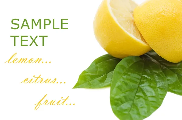 Fresh juicy Lemon with green leafs. Isolated on white background — Stock Photo, Image