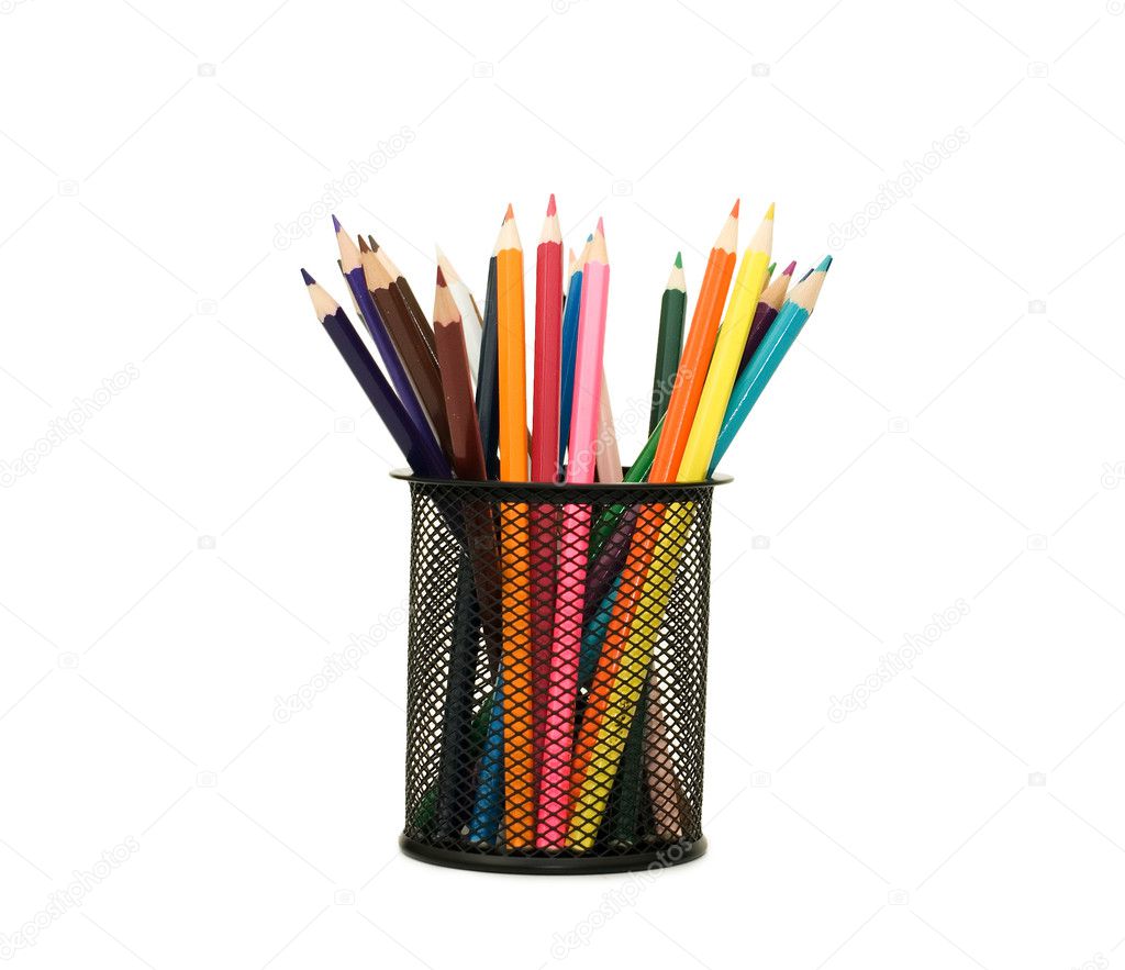 Holder basket full of colored pencils
