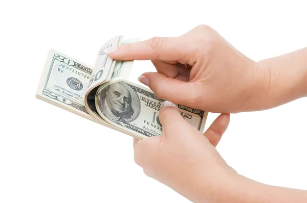 Mão contando dinheiro isolado no fundo branco — Fotografia de Stock