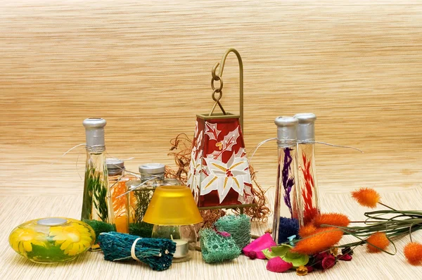 Assortment spa accessories,candle,sponge — Stock Photo, Image