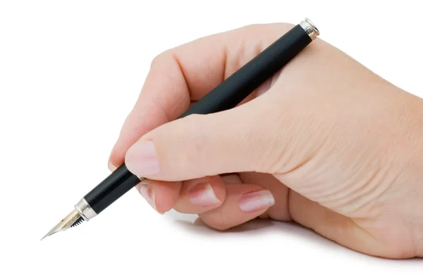 Kugelschreiber in Frauenhand isoliert auf weiß Stockfoto