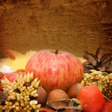 Autumn leaves and fruits. vintage a background clipart