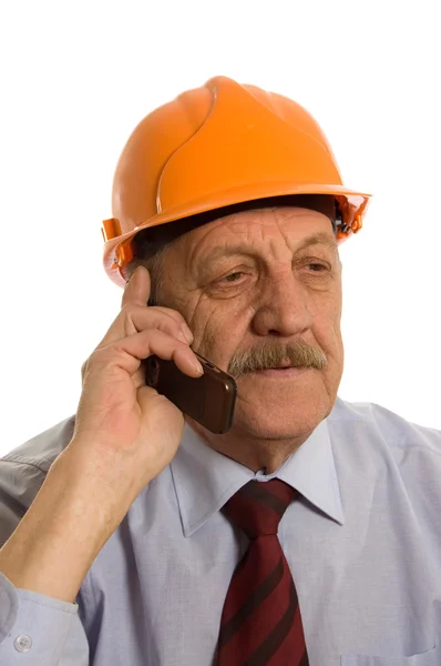 Ingenieur Spreekt Door Telefoon Geïsoleerd Wit — Stockfoto