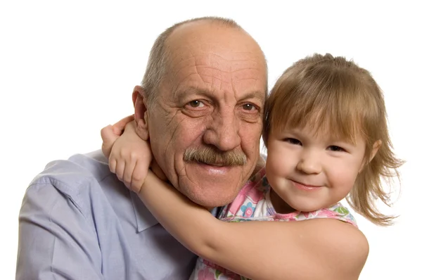 Grand-père avec la petite-fille isolée sur fond blanc — Photo