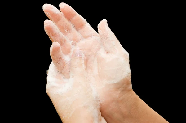 Γυναικεία Χέρια Soapsuds Που Απομονώνονται Μαύρο — Φωτογραφία Αρχείου
