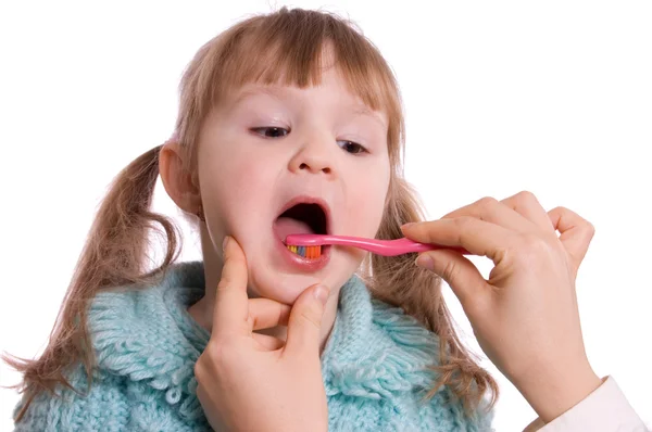 Mãe Limpa Dentes Uma Filha — Fotografia de Stock