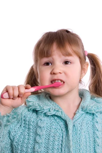 Den Lilla Flickan Rengör Tänder — Stockfoto