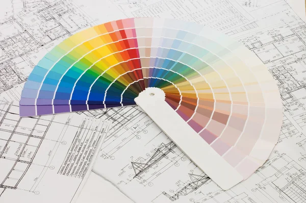 Färg prover för urval med hus plan på bakgrund — Stockfoto