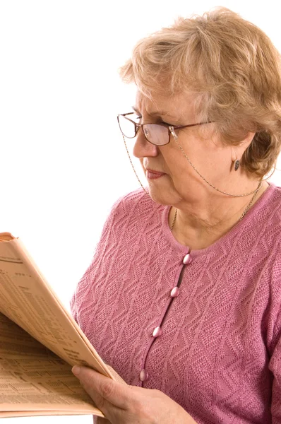 Elderly Woman Reads Newspaper — Stock Photo, Image