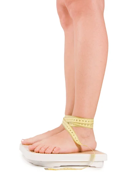 Ženské Nohy Váhách Izolovaných Bílém — Stock fotografie