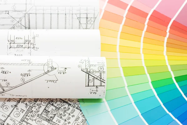 Échantillons de couleur pour la sélection avec plan de maison sur fond — Photo