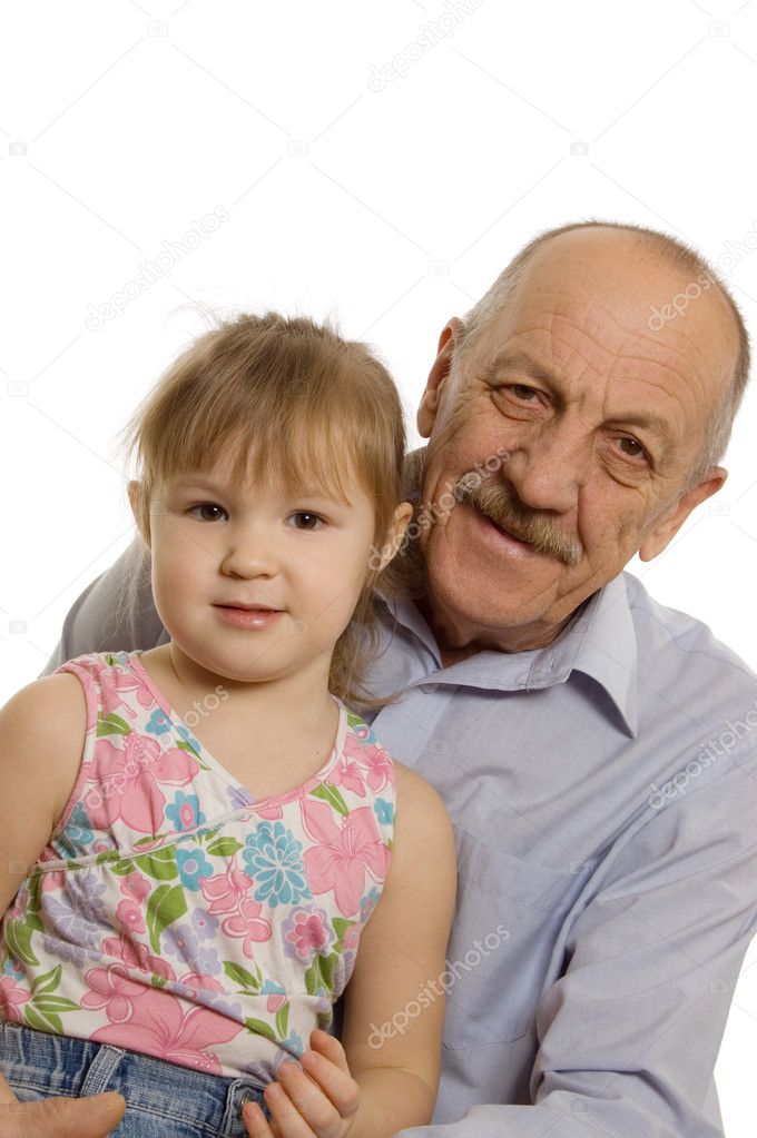 Grandfather with the granddaughter isolated on white background
