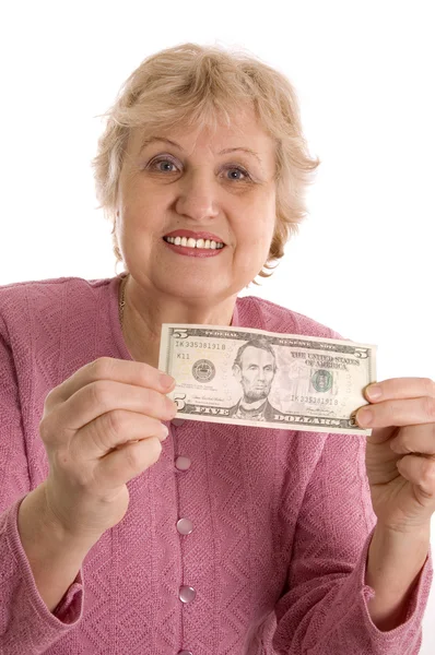 Η ηλικιωμένη γυναίκα με ένα πέντε-Δολλάριο αξία νομίσματος — Φωτογραφία Αρχείου