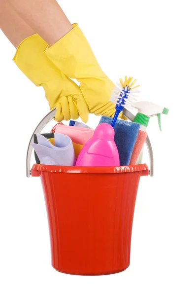 Plastic bucket with cleaning supplies on white background — Stock Photo, Image