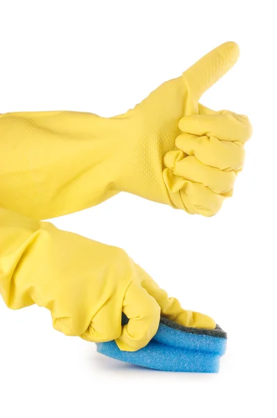 Two hands in gloves with sponge — Stock Photo, Image