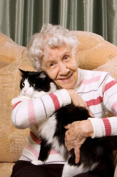 Бабуся з кішкою на дивані — стокове фото