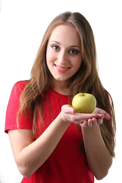 Απομονωμένο Πορτρέτο Του Νεαρή Γυναίκα Λευκό Φόντο Διατροφικές Μήλο — Φωτογραφία Αρχείου