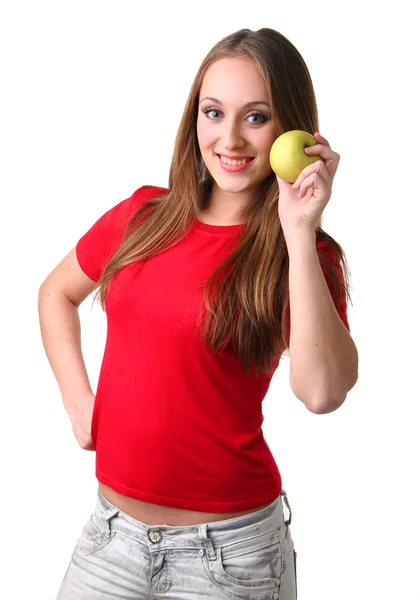 白い背景の食用リンゴの若い女性の分離の肖像 — ストック写真