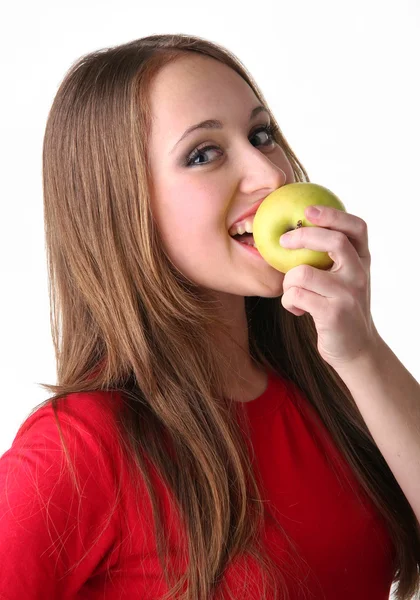 Απομονωμένο Πορτρέτο Του Νεαρή Γυναίκα Λευκό Φόντο Διατροφικές Μήλο — Φωτογραφία Αρχείου