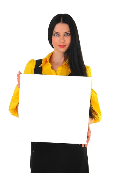 Mulher Negócios Com Conselho Publicidade Mãos Fundo Branco — Fotografia de Stock