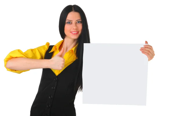 Dazzling Brunette Smiles Holds Publicity Board Showing Satisfaction White Background — Stock Photo, Image