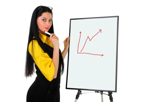 Mulher Negócios Estande Desenha Cronograma Sorri Fundo Branco — Fotografia de Stock