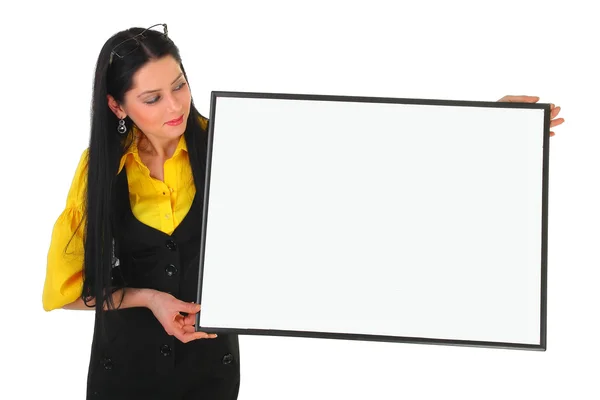 Young Business Girl Looks Publicity Board Has Control White Background — Stock Photo, Image