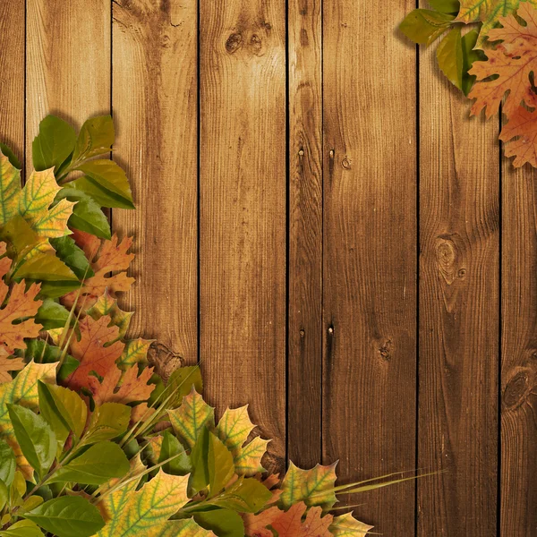 Karta na wakacje z liści jesienią na drewniane deseń — Zdjęcie stockowe