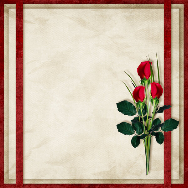 Vintage card for the holiday with red rose on the abstract backg