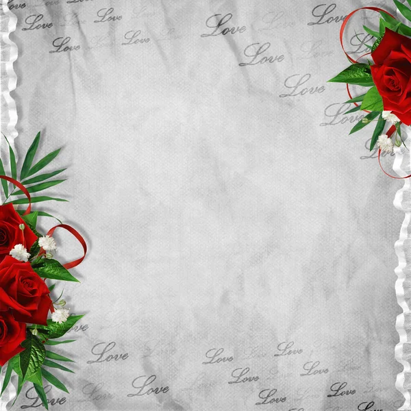 ビンテージのカード、抽象的な背景に隠れてに赤いバラと休日のため — ストック写真