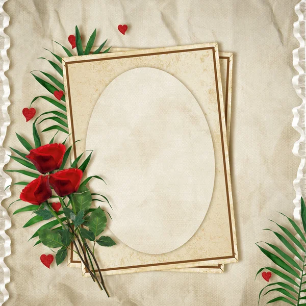 Ročník karta pro dovolenou s rudou růži na abstraktní pozadí — Stock fotografie