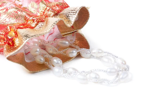 Closeup View Necklace Pearls Gift Bag — Zdjęcie stockowe