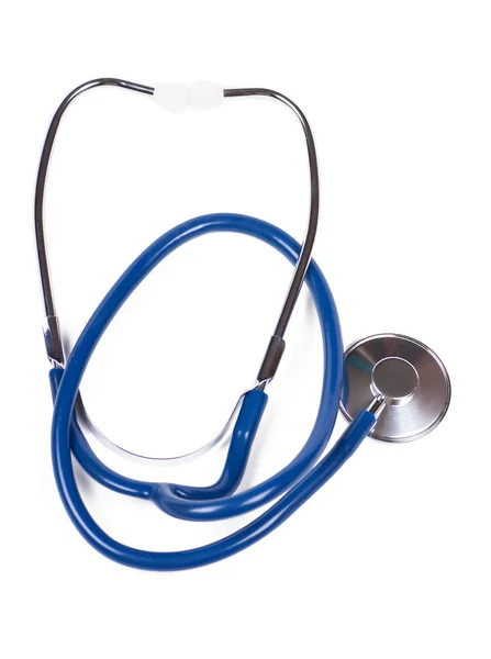 Vista Vicino Dello Stetoscopio Blu Sullo Sfondo Bianco — Foto Stock