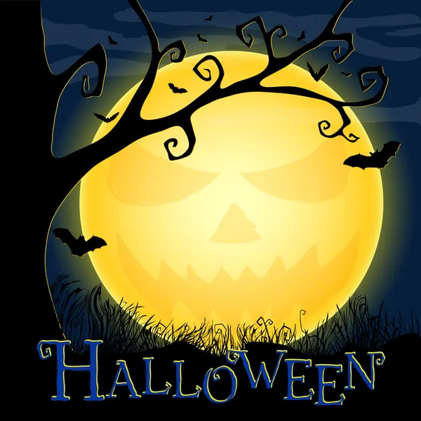 Tarjeta postal de Halloween con una luna ominosa y un árbol — Vector de stock