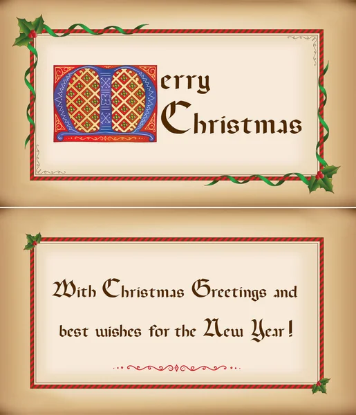 Régi karácsonyi kártya, gratulálok. két oldala. — Stock Vector